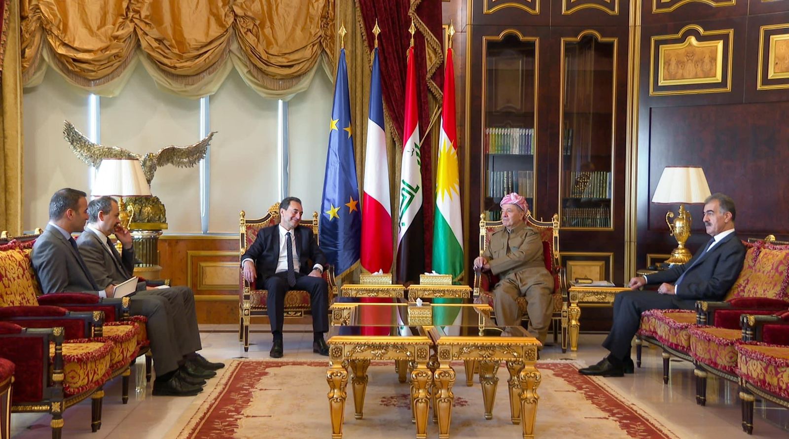 Kurdistan Democratic Party (KDP) President Masoud Barzani (right) during his meeting with French Ambassador to Iraq Eric Chevalier, Oct. 28, 2023. (Photo: Barzani Headquarters)